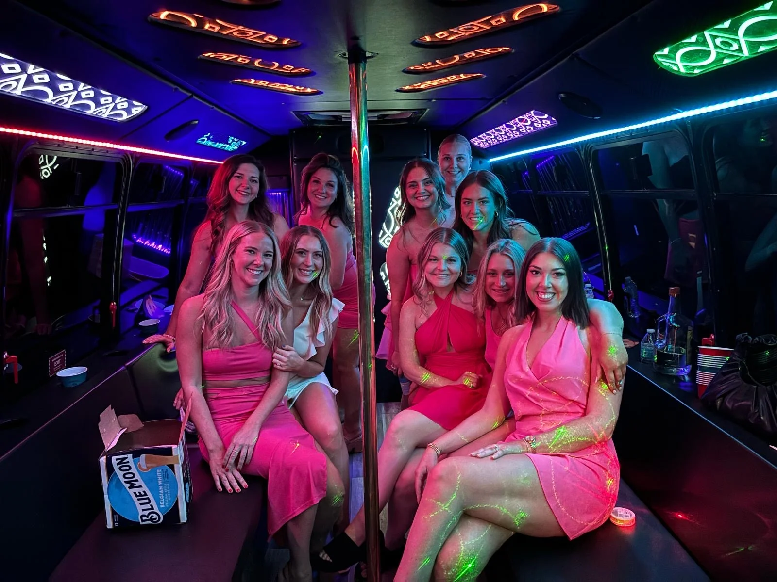 hot pink bachelorette party inside party bus